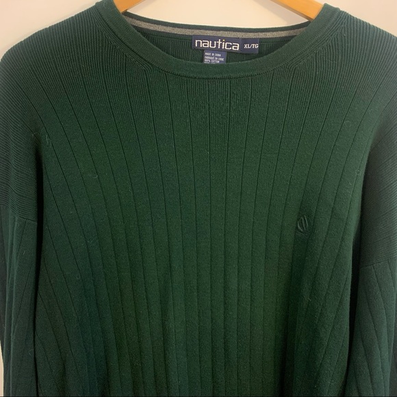 Vintage Nautica Sweater Men's Ribbed Knit Cotton Size XL Green Retro 90s Crew - Picture 2 of 4